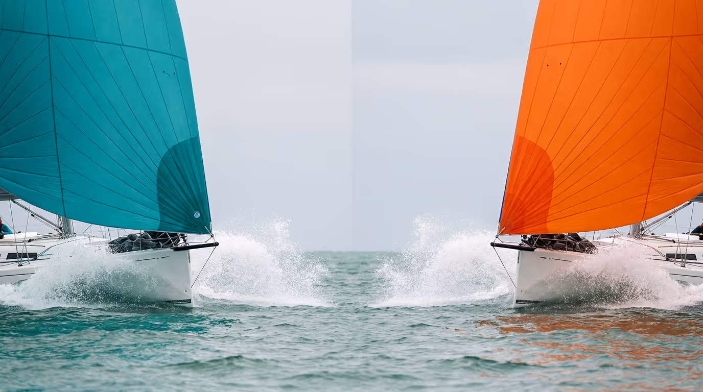Two racing yachts neck and neck, one with a teal spinnaker and one with an orange spinnaker