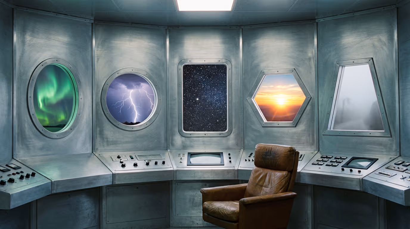 A brushed metal control room where five portholes each show a completely different sky