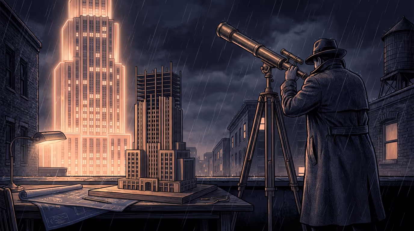 A figure at a rooftop telescope studying a glowing rival skyscraper, a scale model beside them