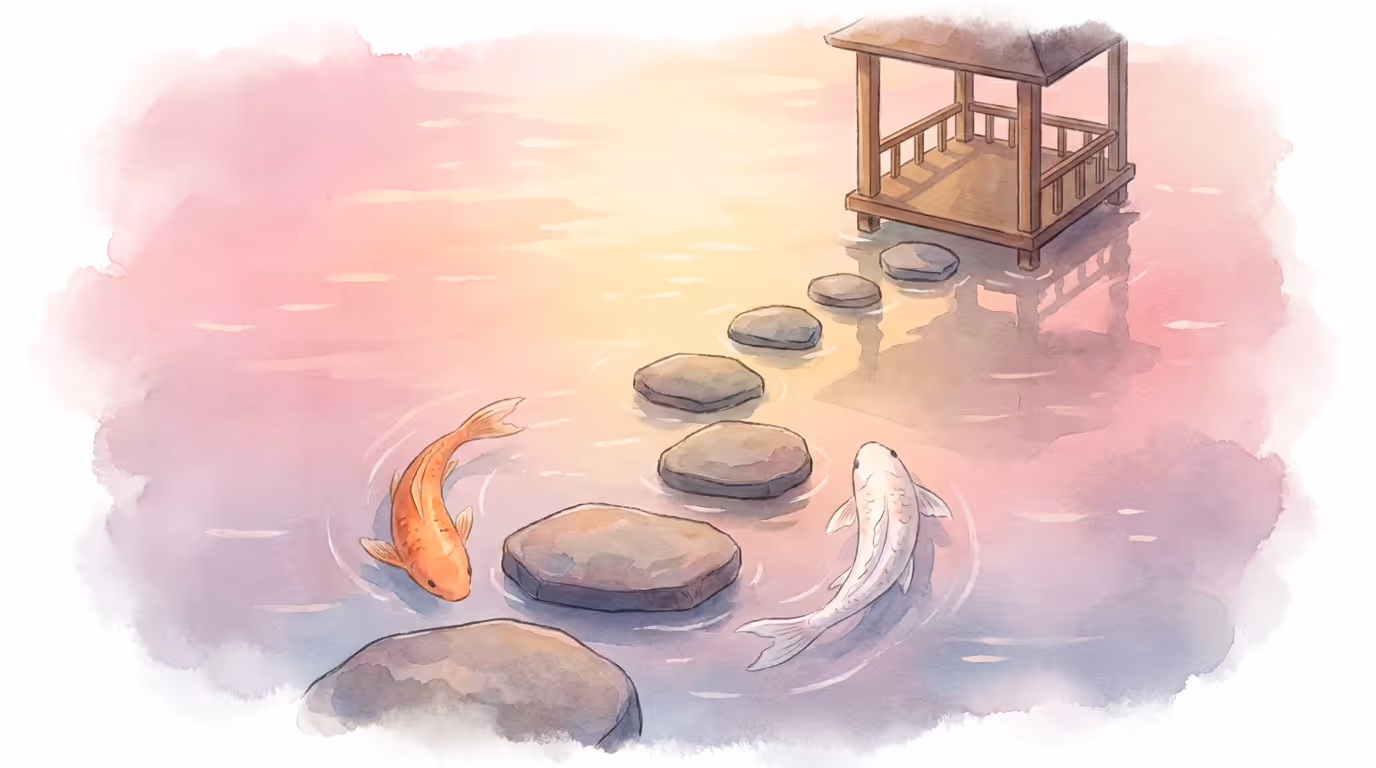 Watercolour of stepping stones crossing a koi pond toward a wooden pavilion at dawn