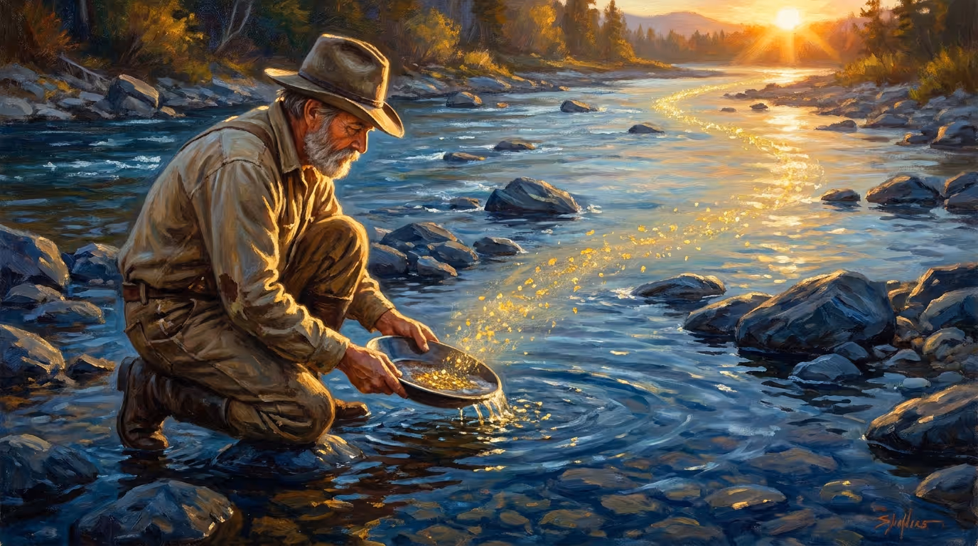 A prospector panning a mountain river as gold flecks drift upstream toward the sun