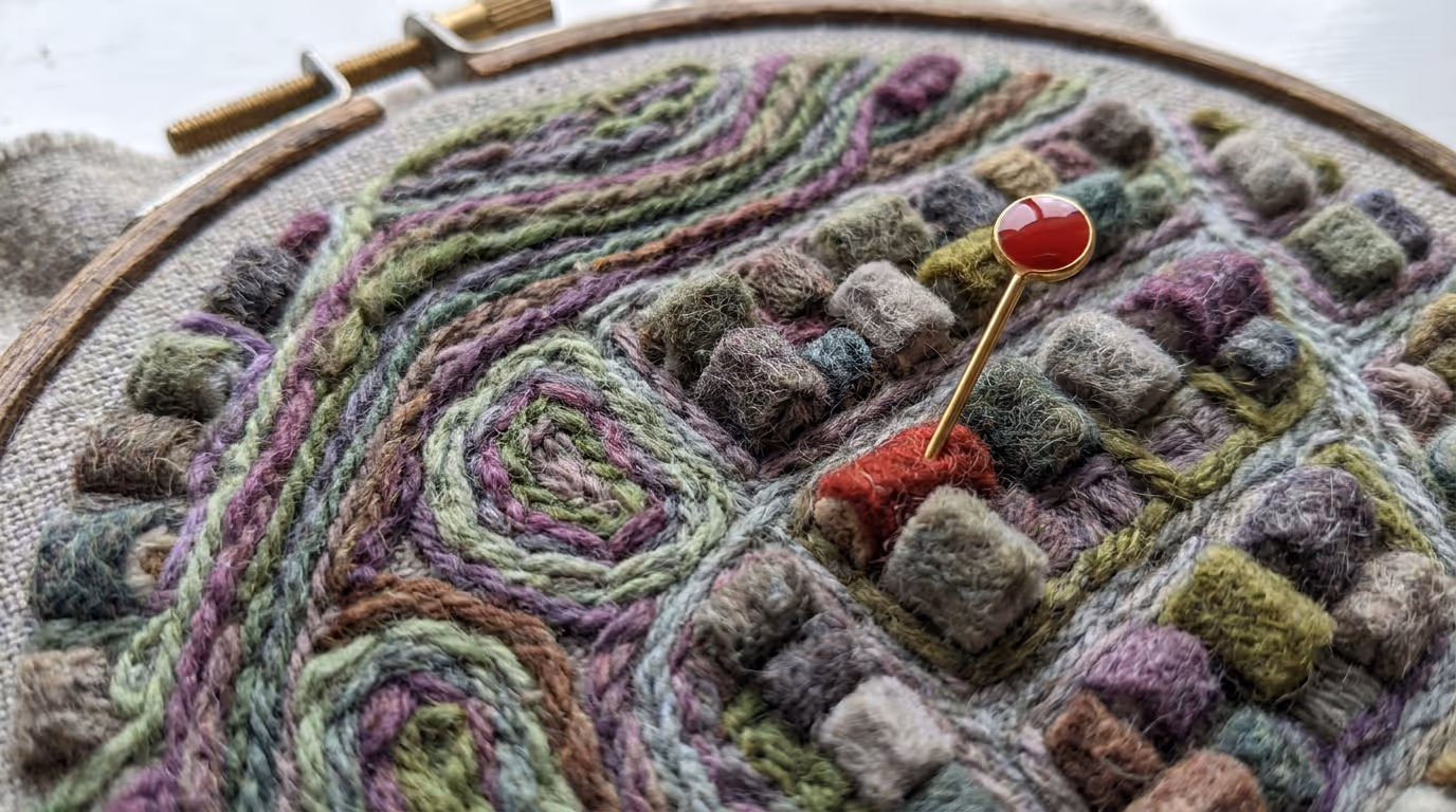 An embroidered wool map of a market town with a red headed pin marking one shop