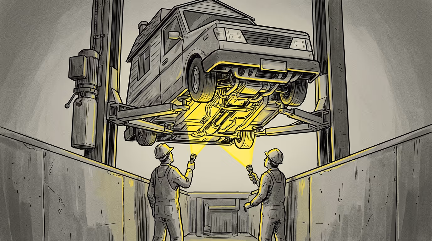 Inspectors shining torches at the underside of a house shaped vehicle raised on a hydraulic lift