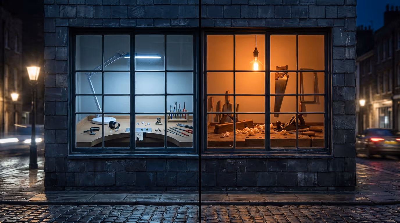 Two adjoining workshop windows at night, a jeweller's bench under cool light and a carpenter's under warm light