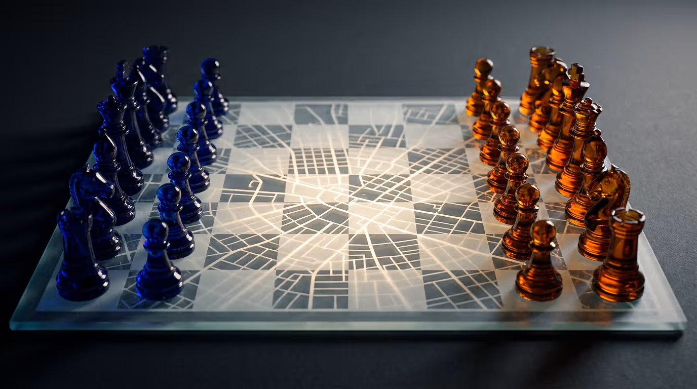 Cobalt and amber glass chess armies facing off across an illuminated frosted glass board