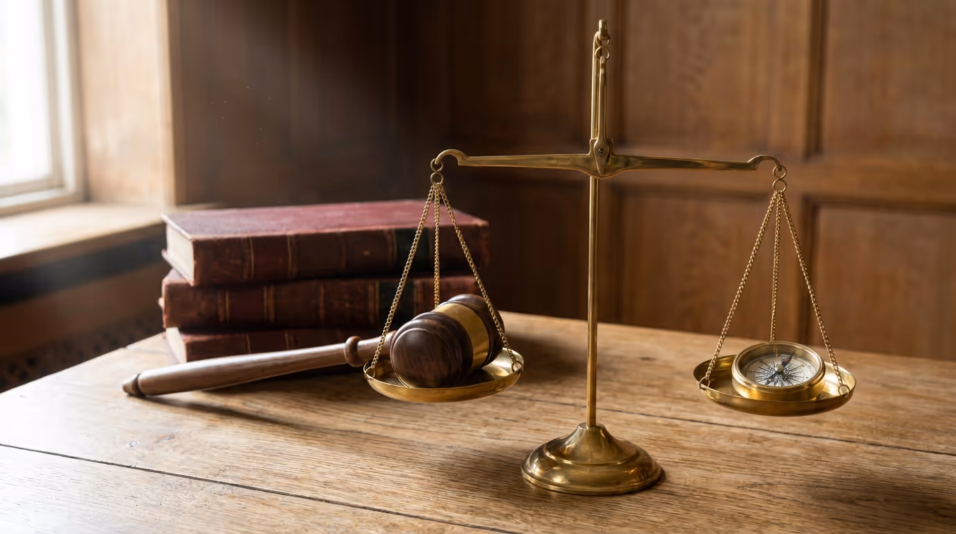 Brass scales balancing a gavel against a compass beside stacked leather law books