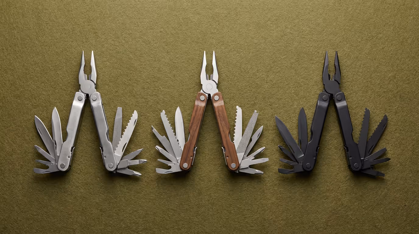 Three different multitools fanned open side by side on olive felt