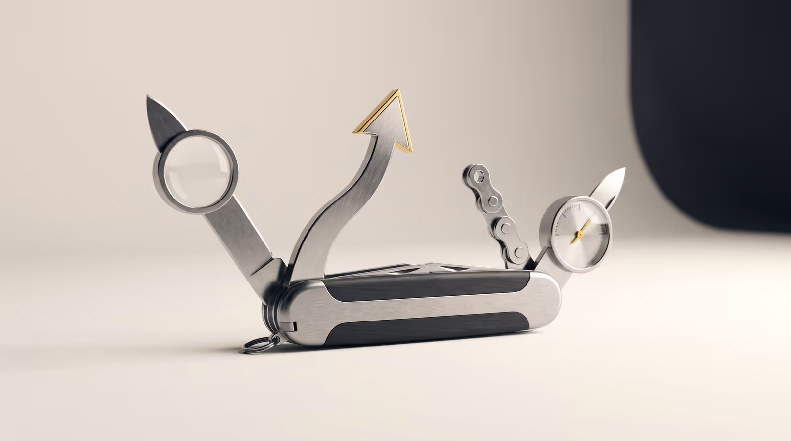 A multitool fanned open, its implements shaped like a magnifier, a chart arrow and a gauge