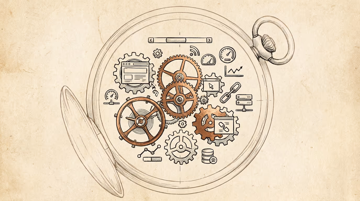 Ink diagram on parchment of a pocket watch whose gears are website components
