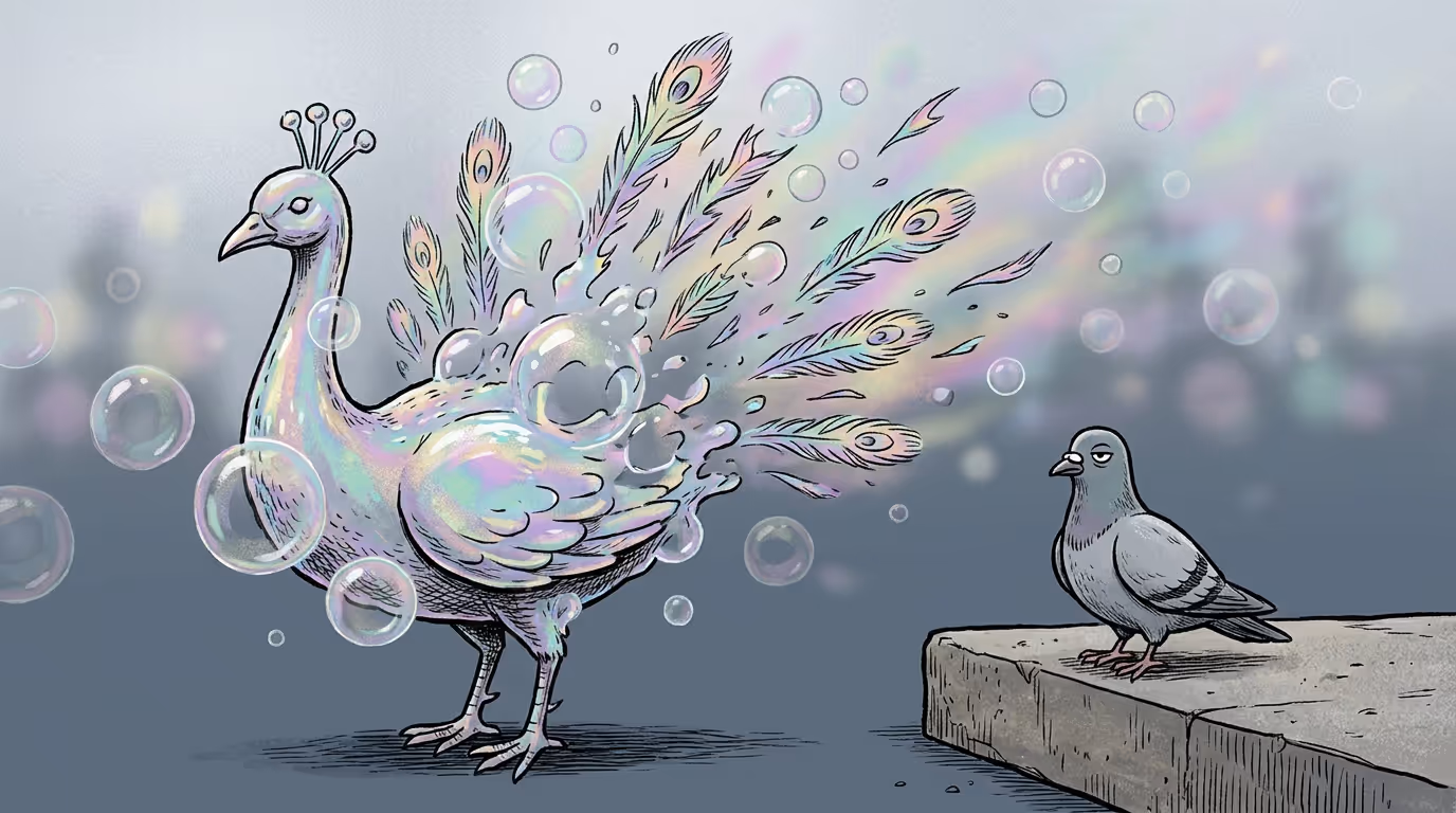 An iridescent peacock made of soap bubbles bursting mid display while a plain pigeon watches