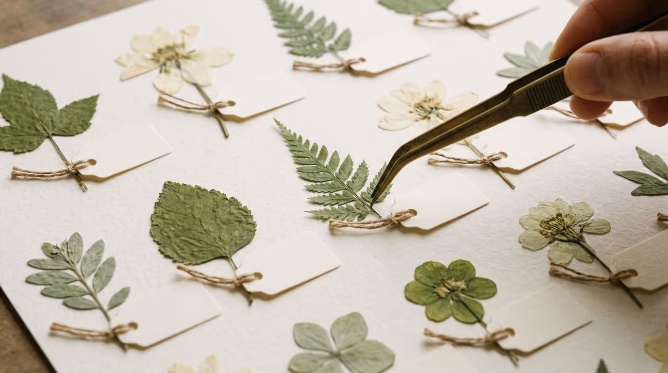 Pressed leaves and flowers arranged in a grid on ivory paper, brass tweezers placing one specimen