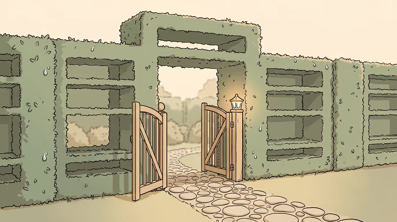 An open garden gate in a hedge clipped into the shape of a server rack, lantern glowing on the post