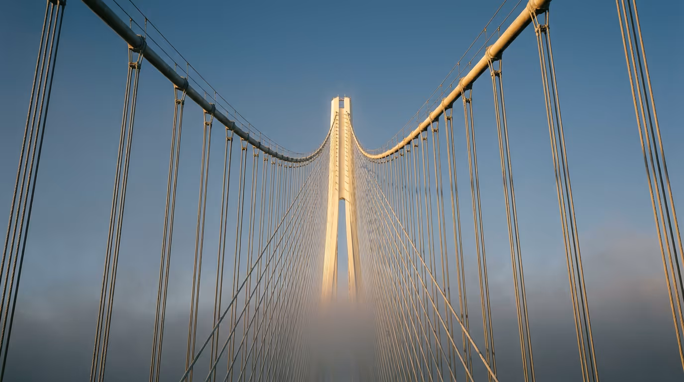 Suspension bridge cables converging out of the mist toward one sunlit tower