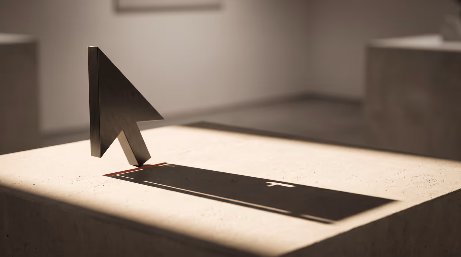 A mouse cursor displayed on a gallery plinth under a spotlight, casting a long shadow